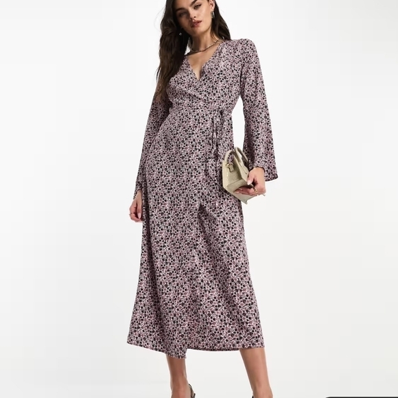 ASOS Glamorous Brown Purple Floral Wrap Around Midi Dress - Picture 1 of 10